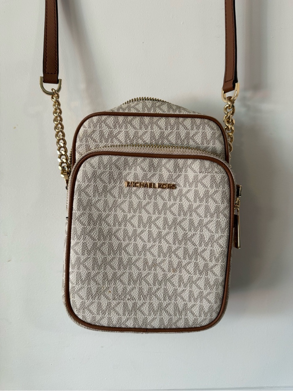 Michael Kors Beige Monogram Crossbody with Brown Trim and Gold Hardware